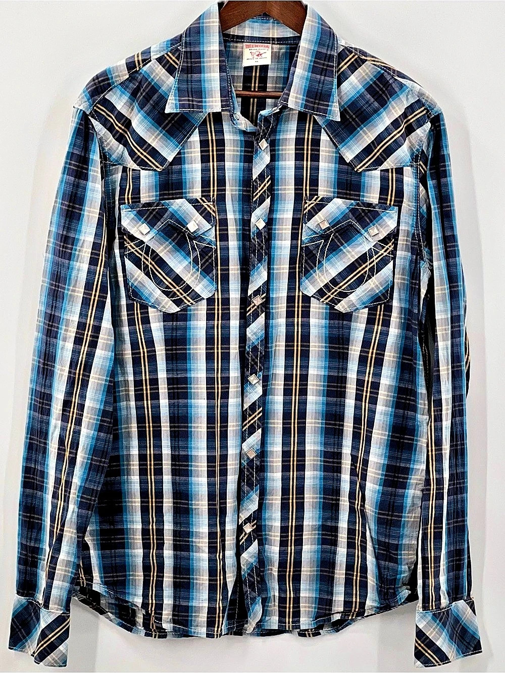 505 True Religion Brand Jeans Plaid Cotton Shirt in Blue & White XL Like New